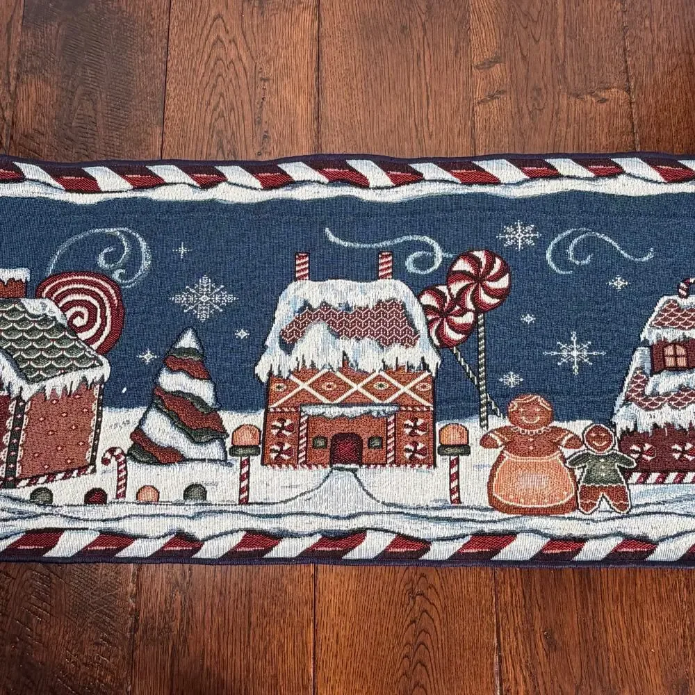 Vintage Christmas Gingerbread House & Gingerbread People Table Runner 72inx12in